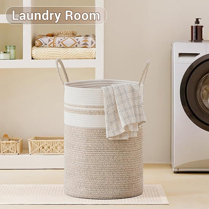 SunNewt Tall Laundry Basket with Handles, 72L Portable Dirty Clothes Hamper, Boho Cotton Rope Storage Bin for Blankets Kids Toys Gifts, Large Organizer for Baby Nursery Bedroom Bathroom, New Brown