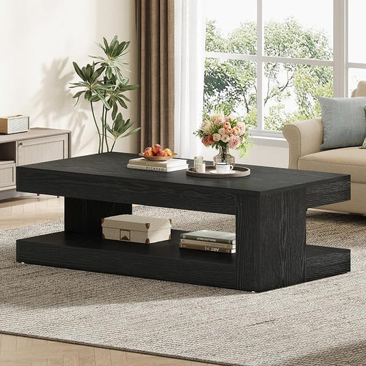 Tribesigns Coffee Table for Living Room, 47.24 Inch Farmhouse 2-Tier Accent Center Tea Cocktail Table with Storage, Rectangle, Black