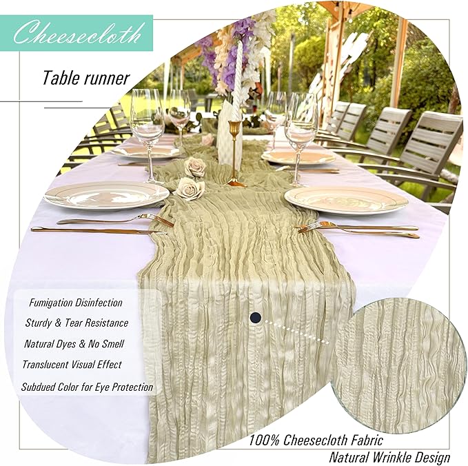 8 Pack Champagne Cheesecloth Table Runner 22 x 108 inch Cream Gauze Cheese Cloth Table Runner Bulk for Rustic Wedding Baby Shower Birthday Party Boho Table Decor