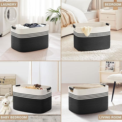 SunNewt 100L Extra Large Laundry Basket with Leather Handles for Living Room Storage, Woven Rope Baskets for Blanket, Kids Toy, Gifts, Wicker Hamper for Bedroom Dirty Clothes, 24"x16"x16" White Black