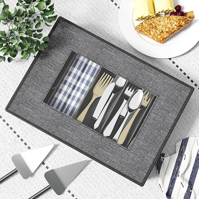 Aokeyee 2 Pack Silverware Storage Box, Sturdy Flatware & Utensil Storage Case with Adjustable Dividers, 5 Compartment Silverware Organizer with Lid and Handle for Utensil, Flatware, Knives, Gray