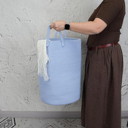 XUANGUO Cotton Rope Laundry Basket Hamper for Clothes Woven Storage Basket for Living Room Bedroom Boho Tall Rope Baskets for Blanket Toys Pillow Towels Baby Nursery Hamper Bin light blue Large