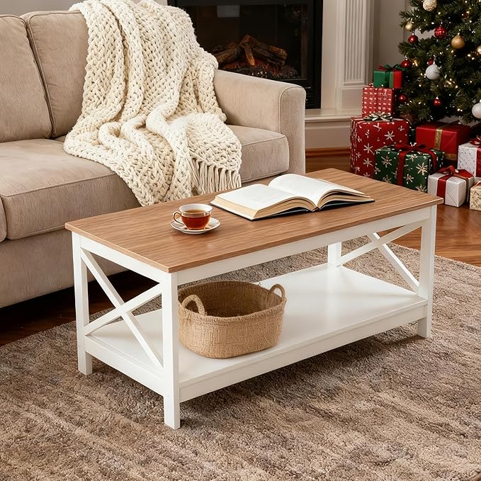 MAISON ARTS Farmhouse Coffee Table 39'', 2-Tier Coffee Table Set with Storage for Living Room, X-Frame Design Rustic Center Table, Easy Assembly, Ivory White