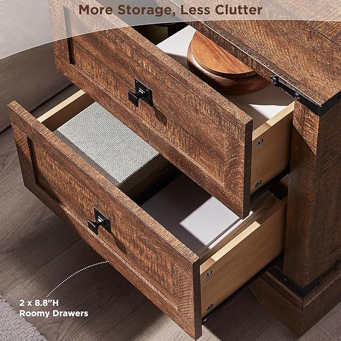 T4TREAM 24" Farmhouse Nightstand with Charging Station Set of 2, Large End Table with 2 Storage Drawers, Rustic Wood Sofa Bedside Table for Bedroom, Reclaimed Barnwood Color
