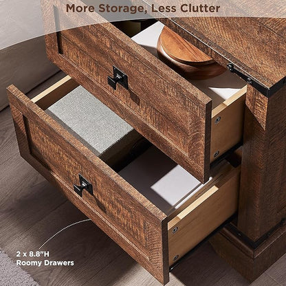 T4TREAM 24" Farmhouse Nightstand with Charging Station, Large End Table with 2 Storage Drawers, Rustic Wood Sofa Bedside Table for Bedroom, Reclaimed Barnwood Color