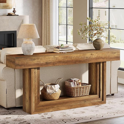 Tribesigns 63" Narrow Console Table, 2-Tier Long Entryway Table with Framed Base, Farnhouse Console Behind Couch for Living Room Hallway, Brown