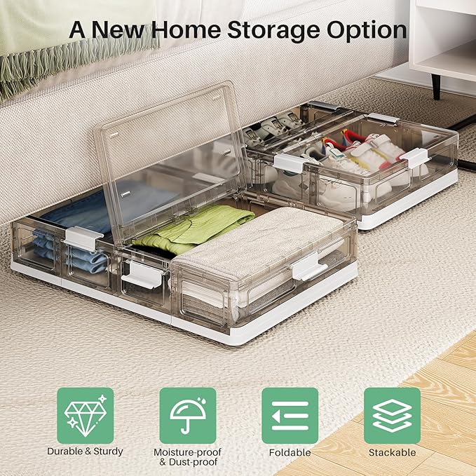 Kitstorack 2 Pack Plastic Under Bed Storage Bins with Lids and 8 Pre-installed Wheels,Rolling Low Rrofile Under bed Containers Box for Clothes Shoes, 37.8 Qt, Long, Clear, Flat, Large