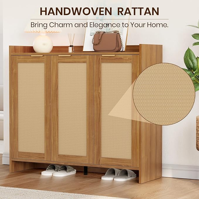 Shoe Cabinet, 41" Tall Rattan Shoe Storage Organizer Cabinet, Adjustable Shelves, 6-Tier Farmhouse Boho Wooden Storage Cabinet for Entryway Hallway Closet Bedroom,Oak
