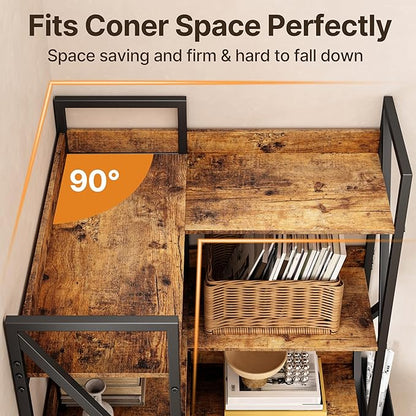 Gizoon 5 Tier Corner Bookshelf, 65" H Reversible Bookshelf, Industrial Bookcase with 4 Hooks and Storage Basket, Sturdy Metal Frame, Adjustable Feet, for Living Room, Kitchen, Office, Retro