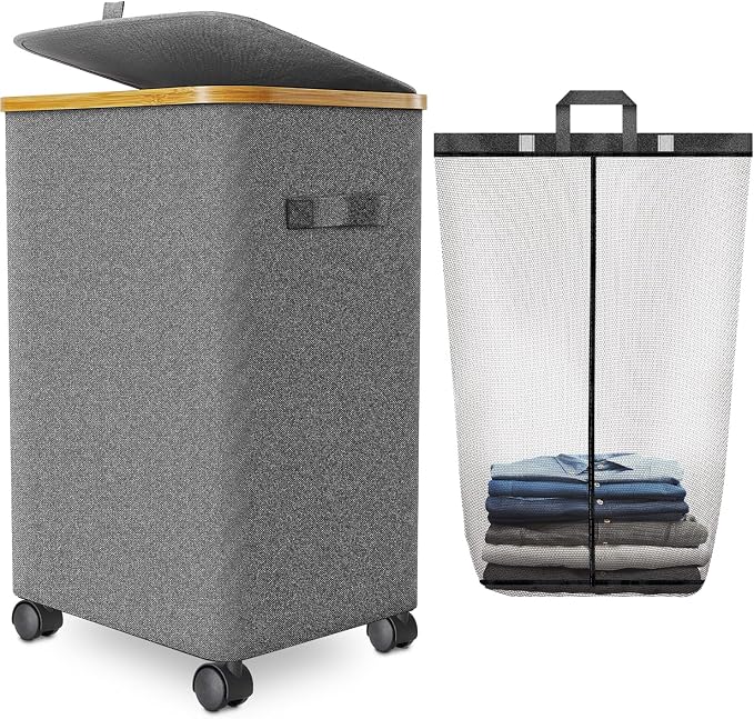 Laundry Hamper with Wheels,20 Gal (75L) Laundry Basket with lid Rolling Clothes Hamper Foldable Dirty Clothes Basket on wheels with Bamboo Frame and Bag for Bedroom, Dorm, Laundry Room-Grey
