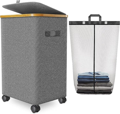 Laundry Hamper with Wheels,20 Gal (75L) Laundry Basket with lid Rolling Clothes Hamper Foldable Dirty Clothes Basket on wheels with Bamboo Frame and Bag for Bedroom, Dorm, Laundry Room-Grey