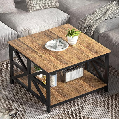 GreenForest Modern Living Room Coffee Table with 2 Tier Storage, Small Square Wood and Metal Farmhouse Center Table with Seamless One-Piece Tabletop, 27.55 Inch, Walnut