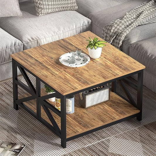 GreenForest Modern Living Room Coffee Table with 2 Tier Storage, Small Square Wood and Metal Farmhouse Center Table with Seamless One-Piece Tabletop, 27.55 Inch, Walnut