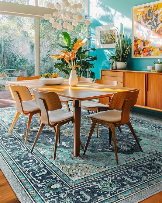 RELEANY Area Rugs 5'x8' Washable Non-Slip, Floral Vintage Distress Medallion Carpet for Living Room Bedroom Dining Room, Teal Green Lake Blue Turquoise