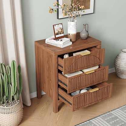 3 Drawer Dresser, Farmhouse Fluted Chest of Drawers, Wooden End Table, Mid- Century Modern Bedroom Nightstand Side Table for Bedrooms, Closets, Hallways, and Entryways, Walnut