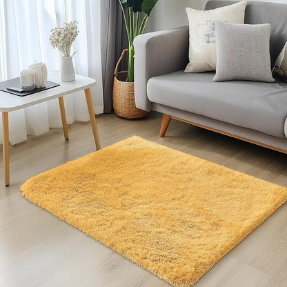 OLANLY 2x3 Machine Washable Small Bedside Rug, Soft Fluffy Shaggy Entryway Throw Rugs for Bedroom, Living Room, Indoor Floor Carpet for Kids Girls and Boys, Home Decor Aesthetic, Mustard Yellow