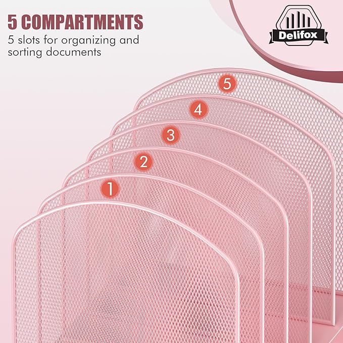 Inclined Desk File Organizer, 5-Section Vertical File Folder Holder Stand Metal Rack File Sorter for Office Classroom Desktop Organization (Pink, 2Pack)