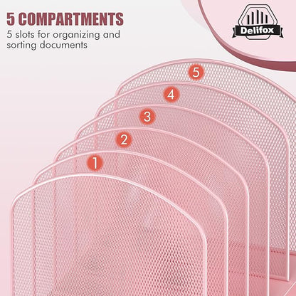 Inclined Desk File Organizer, 5-Section Vertical File Folder Holder Stand Metal Rack File Sorter for Office Classroom Desktop Organization (Pink, 2Pack)