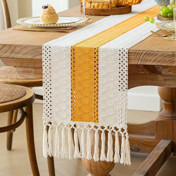FEXIA Boho Table Runner for Summer Home Decor with Tassels 72 Inches Long Farmhouse Yellow Rustic Table Decoration Macrame Burlap Decor for Living Room Bridal Shower (12x72 Inches)