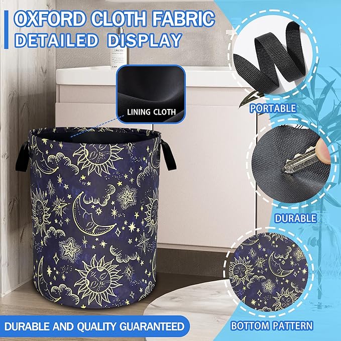 Celestial Sun Stars Moon Laundry Basket Oxford Cloth Funny Laundry Hamper With Handle Foldable Portable Clothes Storage Basket 18.9 X 16.5 In Storage Bag For Laundry Room/Bathroom/Bedroom/Dormitories