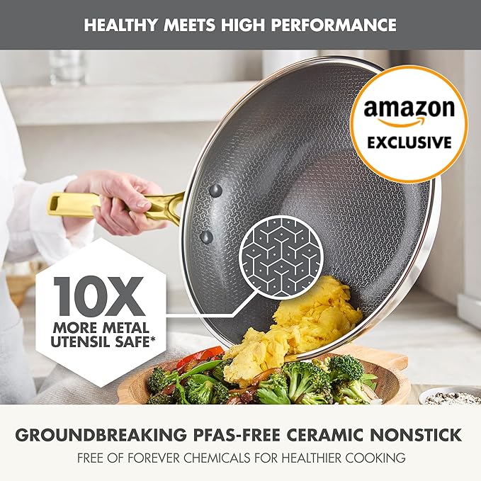 GreenPan Hybrid 11” Nonstick Stainless Steel Wok Pan, APEX Tri-Ply Thermobond PFAS-Free Ceramic Skillet, Induction & All Cooktop Compatible, Oven Temp to 850°F, Dishwasher Safe, Gold