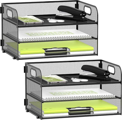 DALTACK 3 Tier Paper Organizer with Handle, Mesh Metal Desk Organizer with Sliding Paper Trays for Letter/A4 Paper, Mail, Bills & Folders, Black 2 Pack