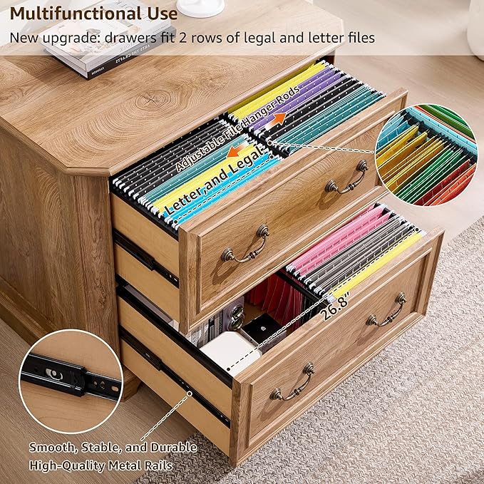 T4TREAM 34" Lateral File Cabinet Set of 2 w/2 Drawers, Farmhouse Filing Cabinet w/34 Wide Wooden Tabletop & Smooth Rails, Holds Letter/Legal, Hexagonal Design & Framed Drawer Fronts, Light Knotty Oak