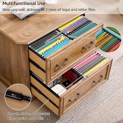 T4TREAM 34" Lateral File Cabinet Set of 2 w/2 Drawers, Farmhouse Filing Cabinet w/34 Wide Wooden Tabletop & Smooth Rails, Holds Letter/Legal, Hexagonal Design & Framed Drawer Fronts, Light Knotty Oak
