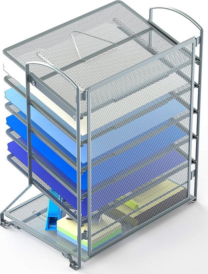Simple Houseware 6-Tier Sliding File Organizer, Desk Letter Tray for Document and Mail Sorting, Silver