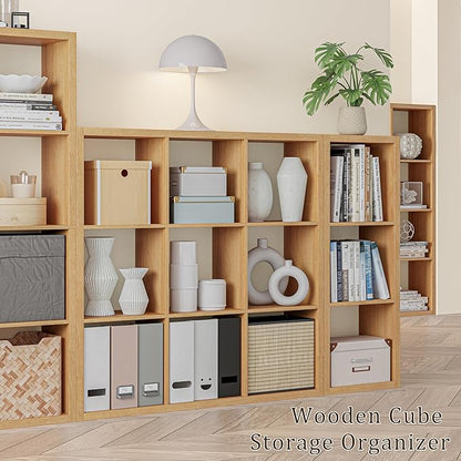Cube Storage Organizer Bookcase, Decorative 11 inch Open Back Cubical Shelf with Thickened Border, Display Bookshelf for Living Room, Home Office, Sturdy Room (Natural Oak, 9 Cube)
