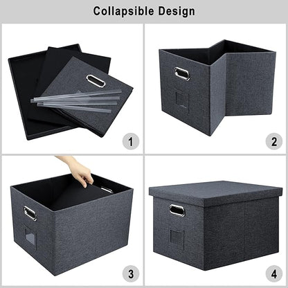 Graciadeco 4-Pack Modern Minimalist Dark Gray Collapsible Linen File Folder Box with Lid for Letter Size Hanging Files, Office Organization, General Storage