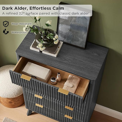 T4TREAM Fluted 5 Drawers Dresser, 48" Tall Modern Chest of Drawers, Curved Profile Design, Wood Drawer Organizer for Bedroom, Living Room, Hallway, Entryway, Dark Alder