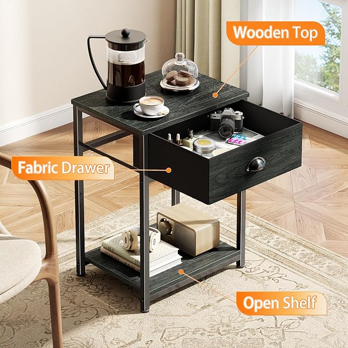 Furologee Nightstand with Fabric Drawer & Storage Shelf, Small Side Table for Small Space, 2 Tiers Industrial End Table for Living Room, Bedroom, Black Oak