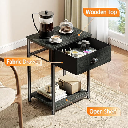Furologee Nightstand with Fabric Drawer & Storage Shelf, Small Side Table for Small Space, 2 Tiers Industrial End Table for Living Room, Bedroom, Black Oak