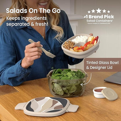 Bentgo Glass Prints Salad Container - 7.6-Cup Tinted Glass Salad Bowl with Airtight Lid, Leak-Proof Sauce Container, 4-Compartment Bento Meal Prep Tray & Reusable Fork (Inky Abstract - Neutrals)