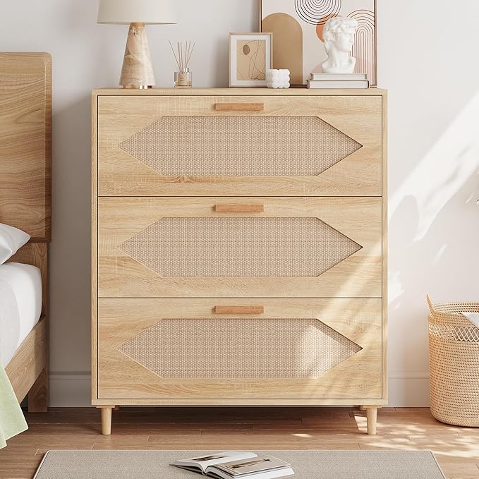 GAOMON 3 Drawer Dresser for Bedroom, 31.5 Inch Wide Rattan Modern Closet Dressers Chest of Drawers, Wood Oak Storage Chest for Kids Bedroom, Hallway, Living Room, Hallway, Natural