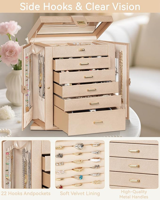 AKOZLIN 6-Tier Jewelry Box Organizer Functional 5 Drawers Leather Jewelry Storage Case for Women Girls Ring Necklace Earring Bracelet Holder Organizer with Mirror XL Champagne 360° Rotating