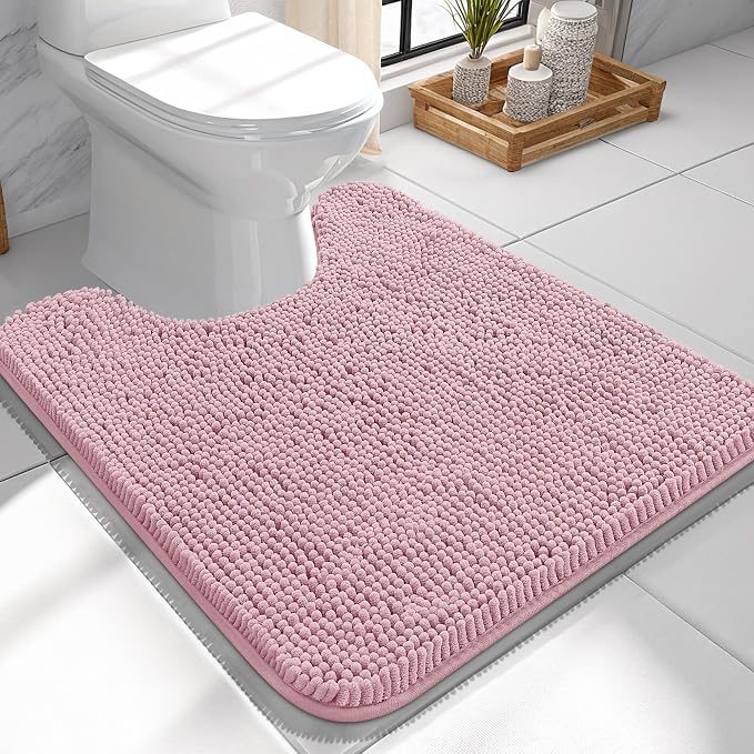 OLANLY Toilet Rugs U-Shaped 24x24, Extra Soft Absorbent Chenille Contour Bathroom Rugs for Toilet, Dry Quickly, Machine Washable, Non-Slip Bath Mat, Dusty Rose