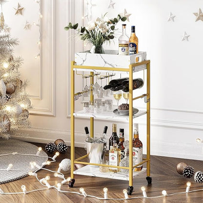 3-Tier Gold Bar Cart with Removable Tray, Small Bar Carts with Wheels, Rolling Beverage Cart, Drink Cart, Gold Wine Cart with Wine Rack for Kitchen, Living Room GBC513G