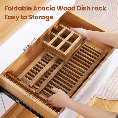 NOVAYEAH Acacia Wooden Dish Drying Rack for Kitchen Counter 2-Tier Collapsible Bmaboo Dish Drying Rack with Utensil Holder-Large Folding Dish Drainer Rack with Flatware Holder 34 pcs Grid