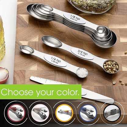 Spring Chef White Stainless Steel Magnetic Measuring Spoons Set of 8 with Leveler, Dual Sided Metal Teaspoon & Tablespoon Measuring Spoons, Fits in Spice Jars, Kitchen Gadgets for Baking & Cooking