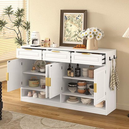 Sideboard Buffet Cabinet with Storage, 59.1" Multi-Functional Sideboard Cabinet with 3 Drawers & 4 Doors, Buffet Table with Adjustable Shelf for Dining Room, Living Room, Entryway, White