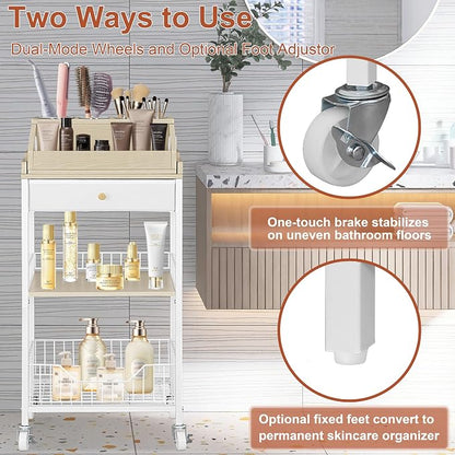 Makeup Organizer Cart with Removable Cosmetic Display Case, Large Makeup Cart with Drawer and 4 SS Tool Cups, 2-in-1 Vanity Organizer for Skincare Perfume Nail Polish Brush, White & Natural