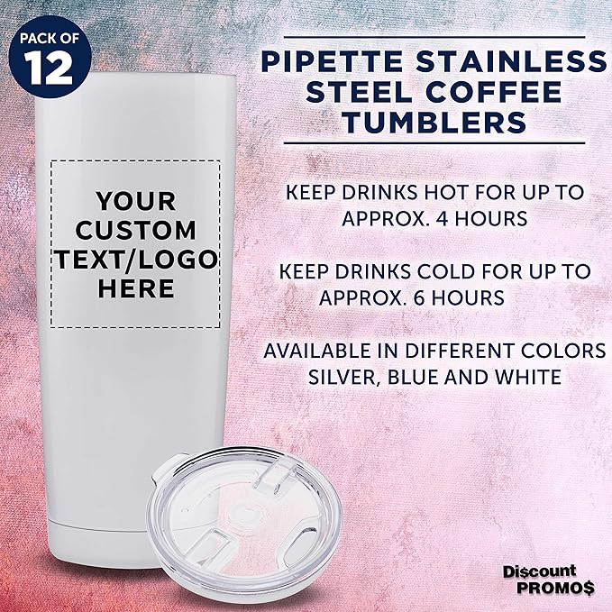 Custom Pipette Stainless Steel Coffee Tumblers 20 oz. Set of 12, Personalized Bulk Pack - Double Wall, Perfect for Coffee, Hot Cocoa, Other Hot & Cold Beverages - White