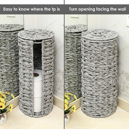 4 Mega Rolls Extra Toilet Paper Storage with Lid, Waterproof Plastic Wicker Toilet Paper Holder Basket Stand, Decorative Boho Covered Enclosed Toilet Tissue Organizer for Bathroom, Grey