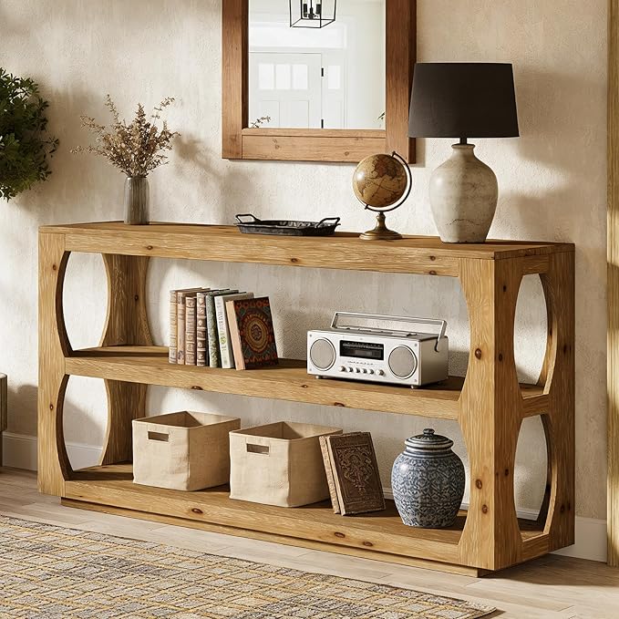 Solid Wood Console Table with 3-Tier Storage, 63" Long Farmhouse Narrow Entryway Sofa Table for Hallway, Living Room, Foyer, or Bedroom