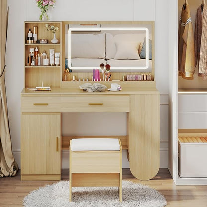 GOODONE 47'' Wood Vanity Desk with Mirror and Lights, Makeup Girls Vanity Set with 2 Drawers, 2 Storage Shelves & 1 Cabinet, Power Outlet, Stool, Dressing Table for Bedroom, Nature