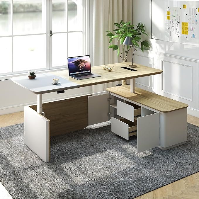 SAINTCY 86" L Shaped Standing Executive Desk with Drawers and Shelves,White Electric Adjustable Height Desk with Charging Station and Privacy Panel for Home and Office, Light Walnut