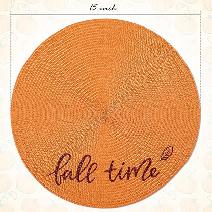 FunWheat Round Placemats Set of 6 Table Mats for Thanksgiving Tables Washable Non-Slip Place mats 15 Inch for Fall(Orange Fall,6pcs)