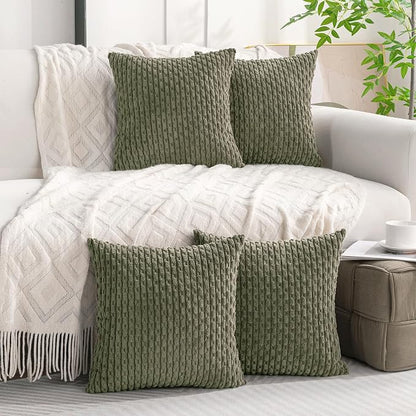 Set of 4 Olive Green Decorative Throw Pillow Covers 20x20 Inch Corduroy Pillow Covers for Bed Couch Sofa Living Room Soft Square Cushion Cases